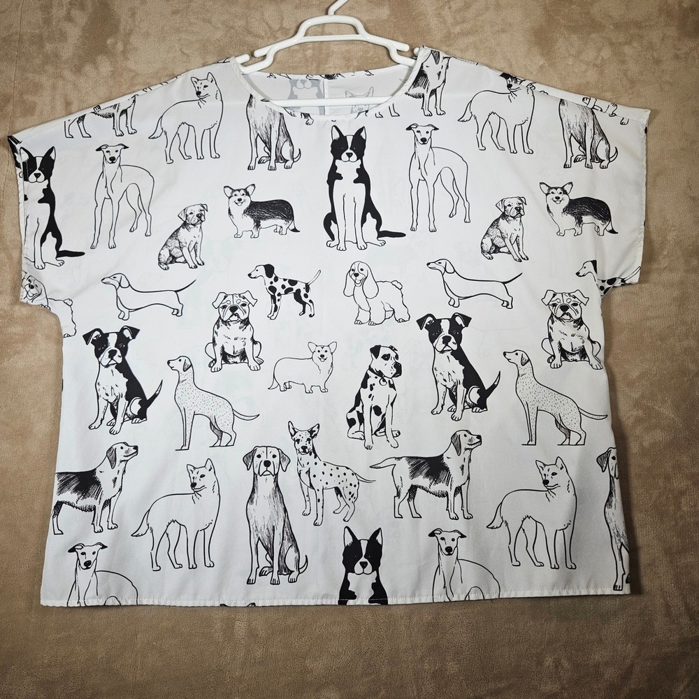 Emery Rose Womens 4XL Dog Print Short Sleeve Blouse White Black Boxy Top